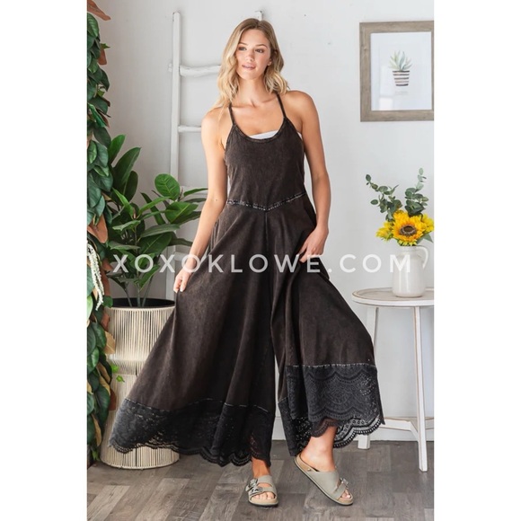 Oli & Hali Pants - Oli & Hali Black Jumpsuit | Wide Leg, Lace Trim | Coastal Chic